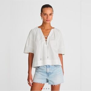 Madewell White Poplin Lace-Up Top Cotton Neck Short Sleeve Top Size XSmall NWT